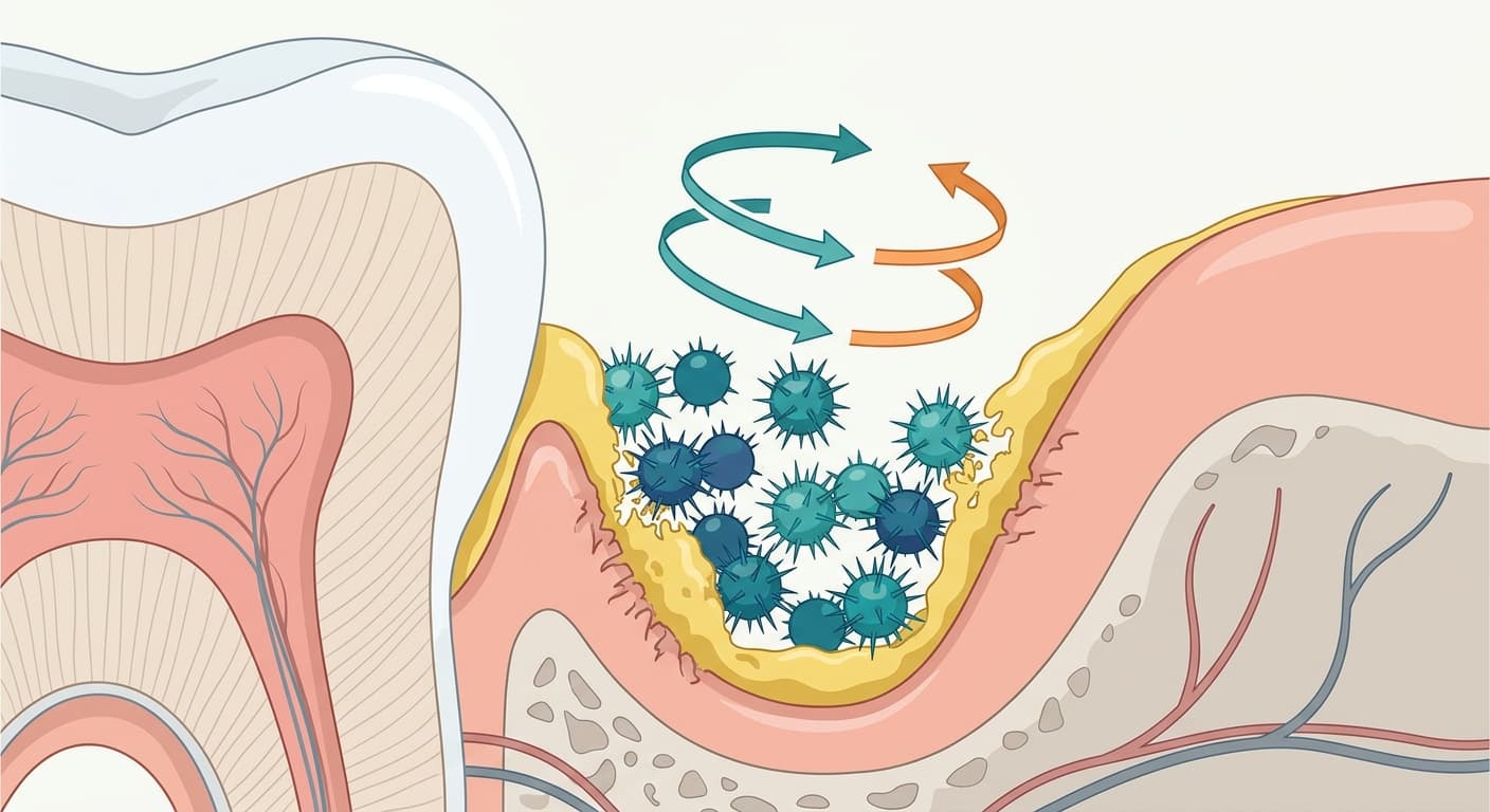 Cross-section illustration of spiky, ball-shaped robots burrowing into yellow biofilm inside the periodontal pocket between a tooth and gum