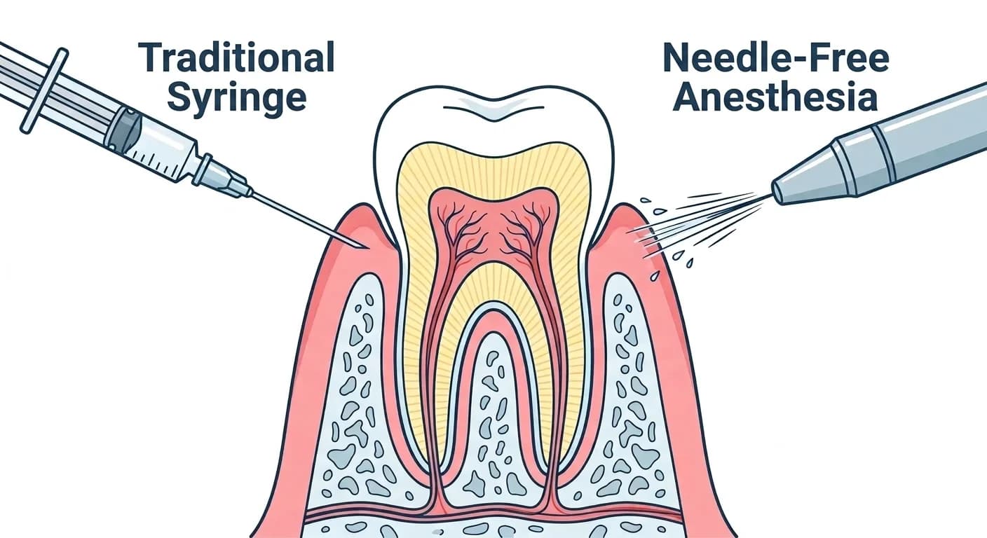 Cross-section of the gum and tooth. On the left, a traditional syringe with a needle pierces the gum; on the right, a fine jet of fluid from the tip of a needle-free device is propelled under pressure into the gum mucosa.