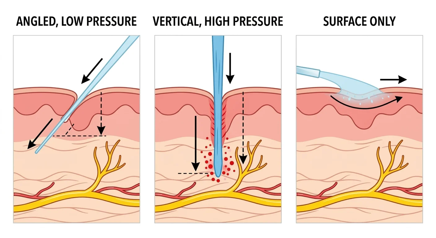 Comparison of penetration depth into the gum mucosa according to the angle and strength of the jet. Firing at a shallow angle with low pressure reaches shallowly near the nerve bundle; firing vertically with high pressure penetrates deep to the nerve bundle but is accompanied by bleeding; and weak pressure spreads only near the mucosal surface without reaching the nerve bundle.