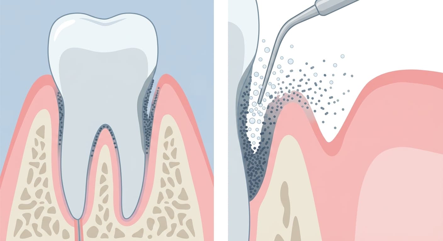 A diagram showing a tooth cross-section with bacteria densely packed in the periodontal pocket side by side with a cross-section where ozone gas bubbles disperse the bacteria
