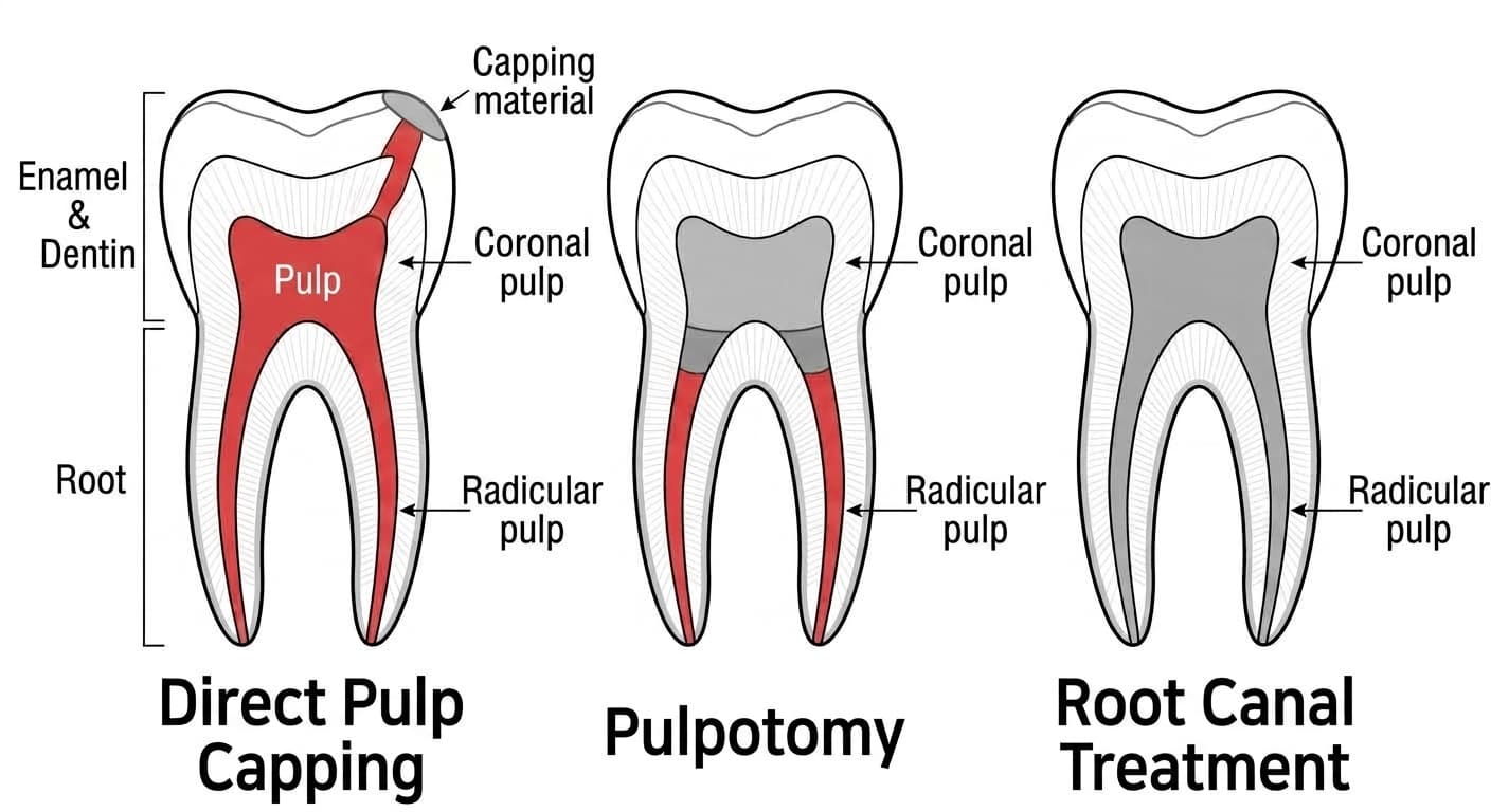 Tooth cross-section comparing the extent of pulp preserved or removed in direct pulp capping, pulpotomy, and root canal treatment