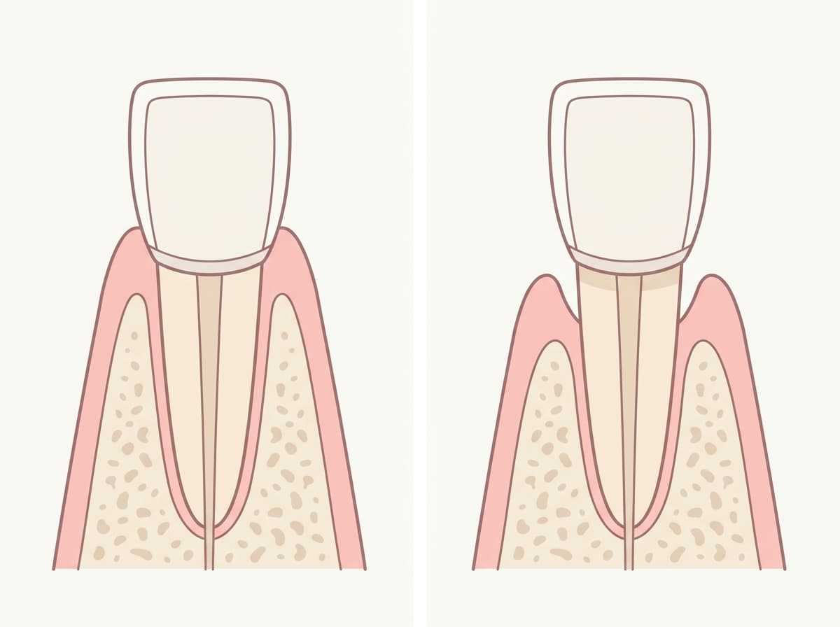 Side-by-side cross-sections of a front tooth: one where the gum naturally covers the margin between crown and tooth, and one where the gum has receded, exposing the margin and part of the root beneath it