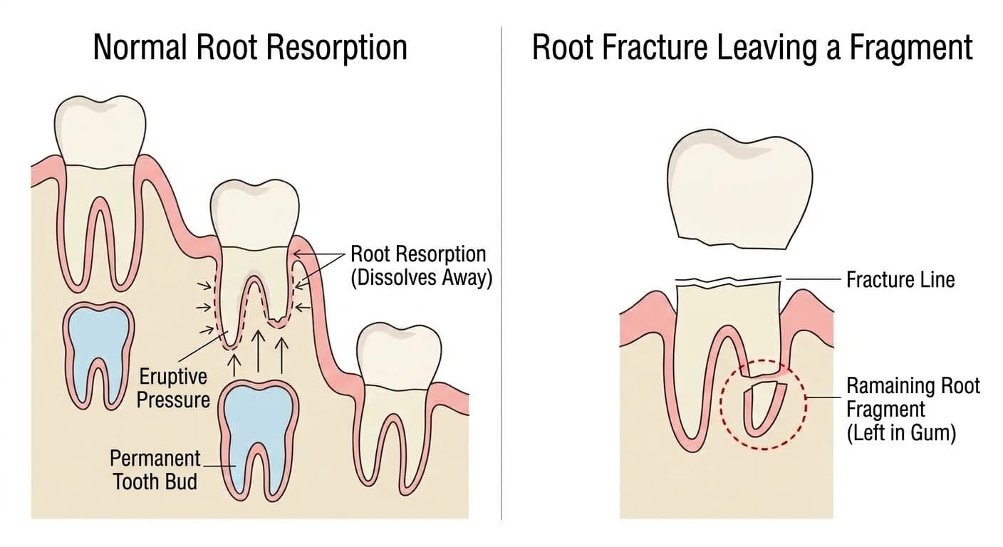 Diagram comparing a baby tooth whose root normally resorbs away with a case where a root fragment remains in the gum along a fracture line