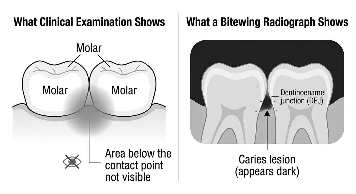A comparison showing that the area below the contact point between teeth is hidden from clinical examination, but appears as a dark caries lesion at the dentinoenamel junction on a bitewing radiograph