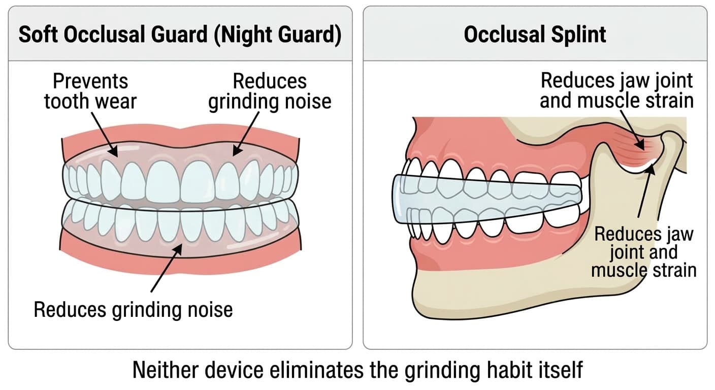 An illustration comparing the soft occlusal guard and the occlusal splint side by side, showing their different purposes: blocking tooth wear and noise versus reducing strain on the jaw joint and muscles