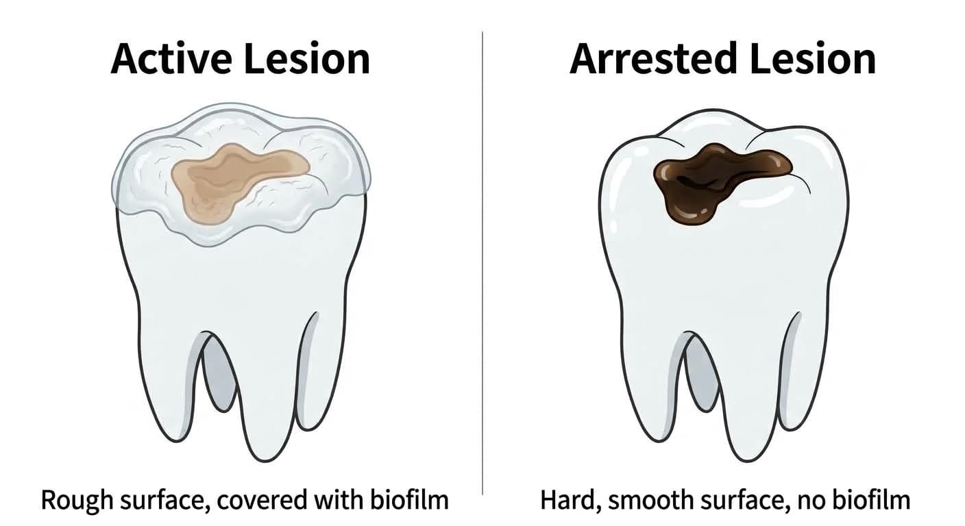Comparison of an active lesion and an arrested lesion on a chewing surface. The active lesion has a rough surface covered with biofilm, while the arrested lesion shows a hard, smooth, darkly stained surface.