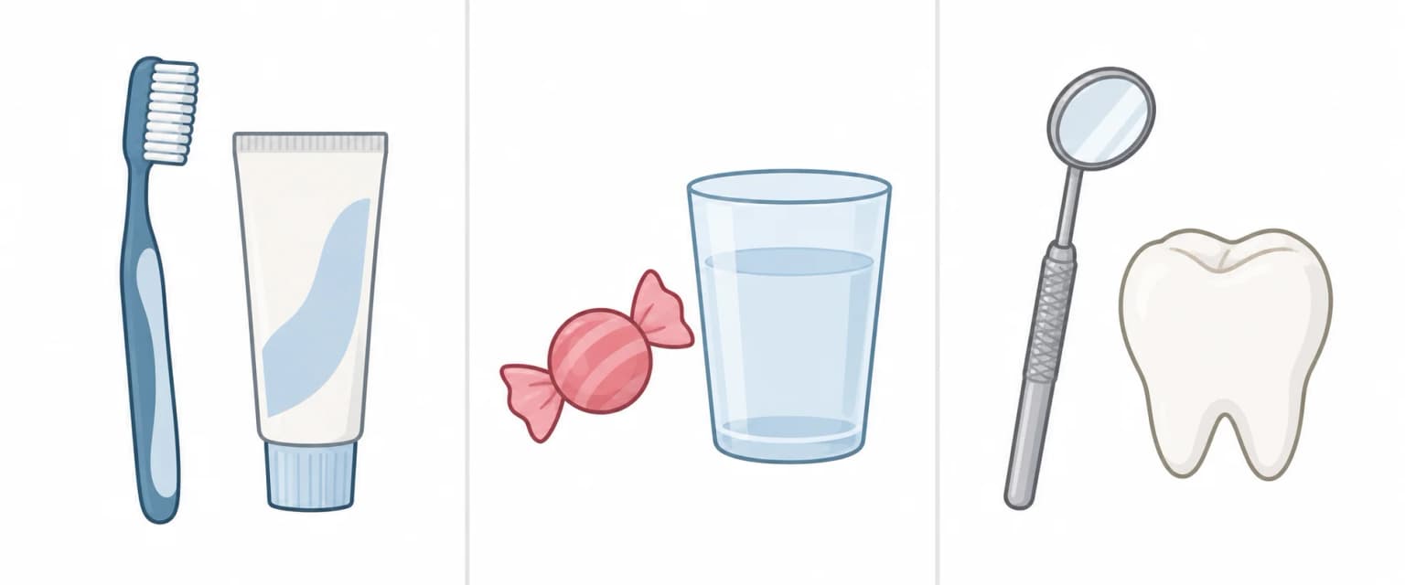 A toothbrush and toothpaste, candy and a cup, and a dental mirror and tooth arranged side by side in three panels