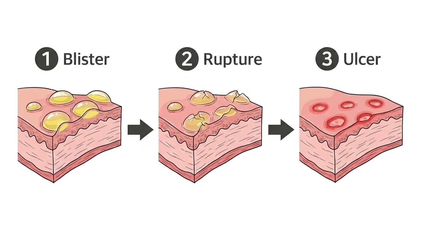 Illustration showing the three stages of blisters forming and bursting into painful ulcers on the oral mucosa