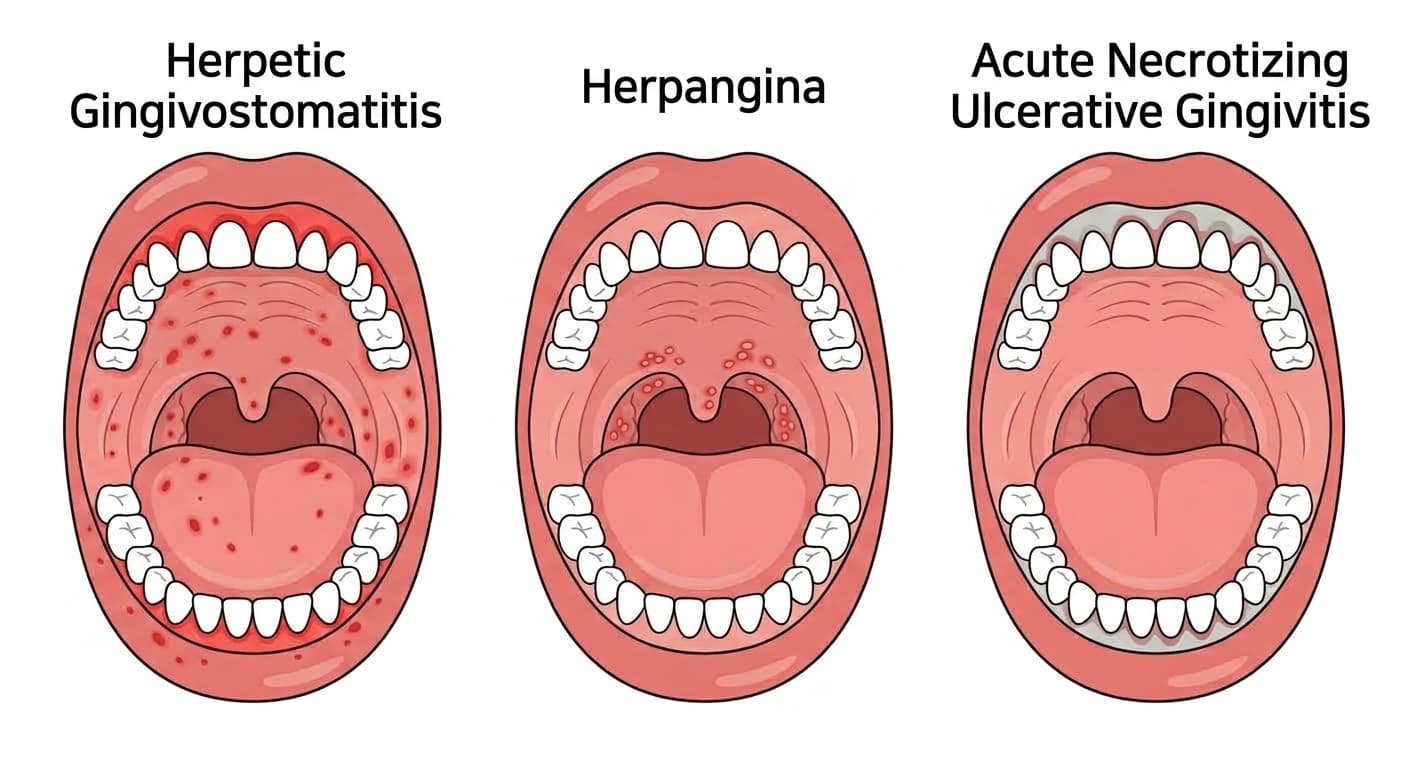 Illustration comparing the oral cavity in herpetic gingivostomatitis, herpangina, and acute necrotizing ulcerative gingivitis, showing how the location of the lesions differs between the three