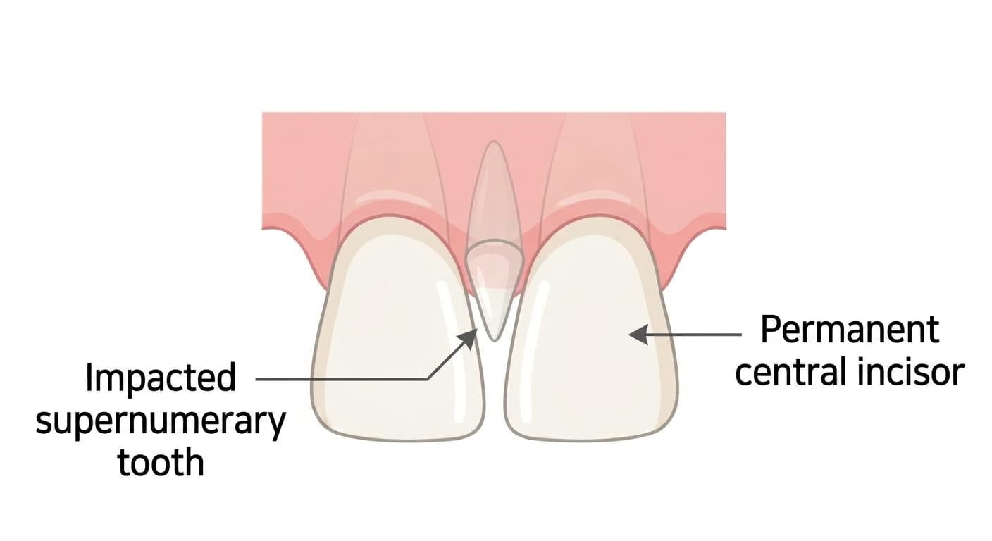 Diagram of a mesiodens showing a cone-shaped supernumerary tooth buried upside down in the gum between the two upper front teeth