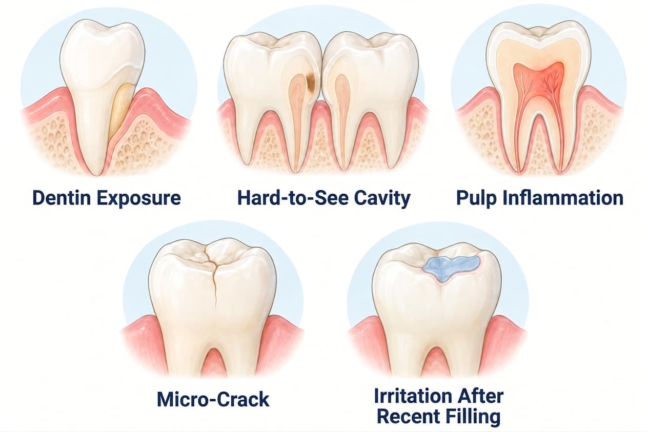 Illustration comparing exposed dentin, hard-to-see cavities, pulp inflammation, micro-cracks, and irritation after a recent filling