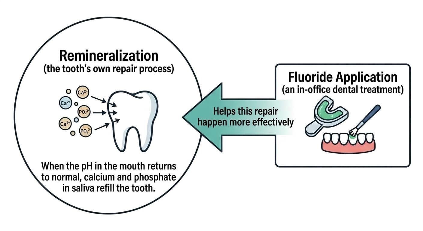 A diagram showing arrows between remineralization, the tooth's own repair process, and fluoride application, the in-office treatment that assists it. Inside the left circle, calcium and phosphate ions attach back onto the tooth surface in the remineralization process; inside the right box, a dentist applies fluoride gel, connected by an arrow labeled with fluoride application helping remineralization happen.
