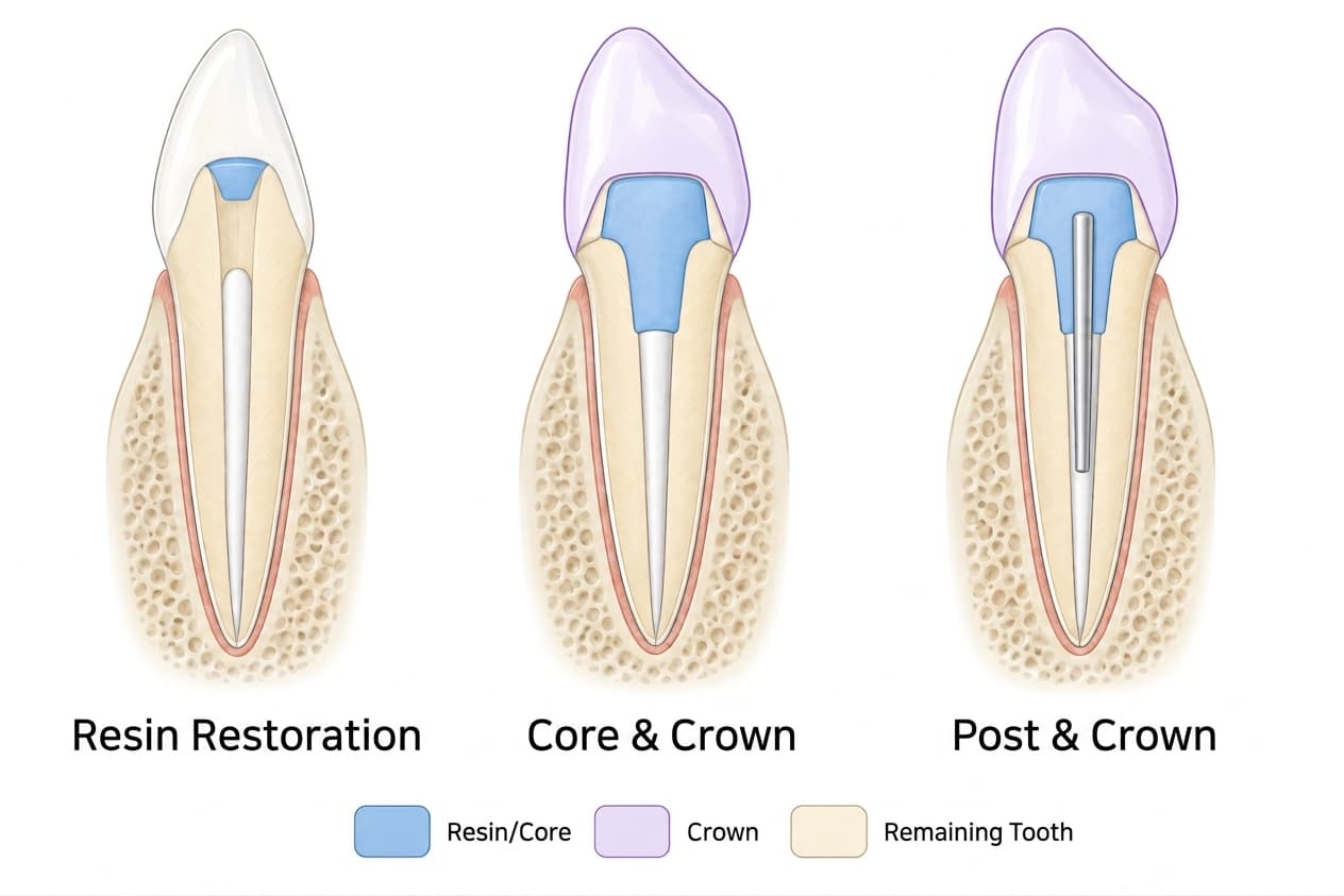 A figure comparing resin restoration, core-and-crown, and post-and-crown for a root-canal-treated front tooth