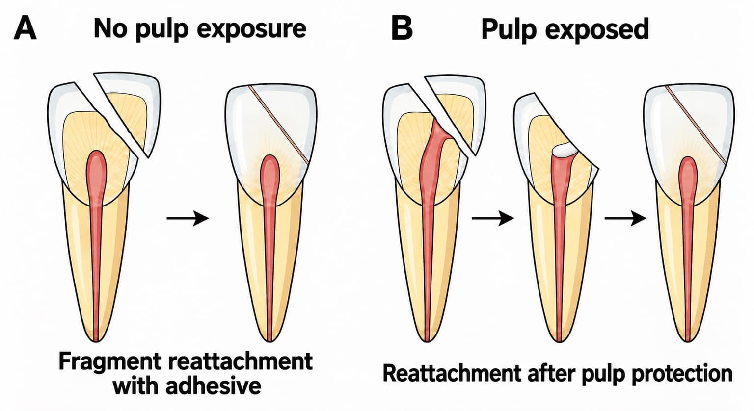 Illustration comparing reattachment of a fractured maxillary front tooth fragment by pulp exposure status. Panel A shows the process of reattaching the fragment directly with adhesive when there is no pulp exposure; panel B shows the process of covering the exposed pulp with a protective material before reattaching the fragment.