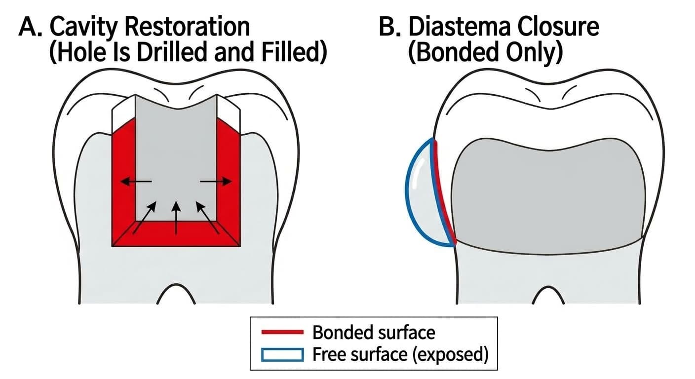 Illustration comparing how a cavity restoration is gripped both physically, by surrounding walls, and by bonding, while a diastema restoration only has one bonded surface on the tooth's surface with the rest being an exposed free surface