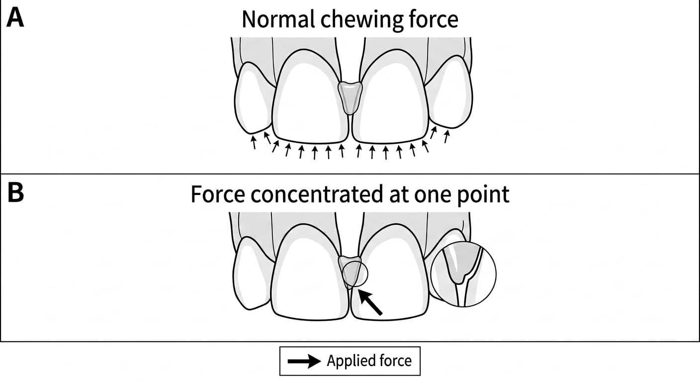 Illustration comparing how ordinary chewing force is evenly distributed across the entire incisal edge of the front teeth, while biting something hard with the front teeth concentrates force at one point on the bonded margin of the resin-added area, which can open a tiny gap
