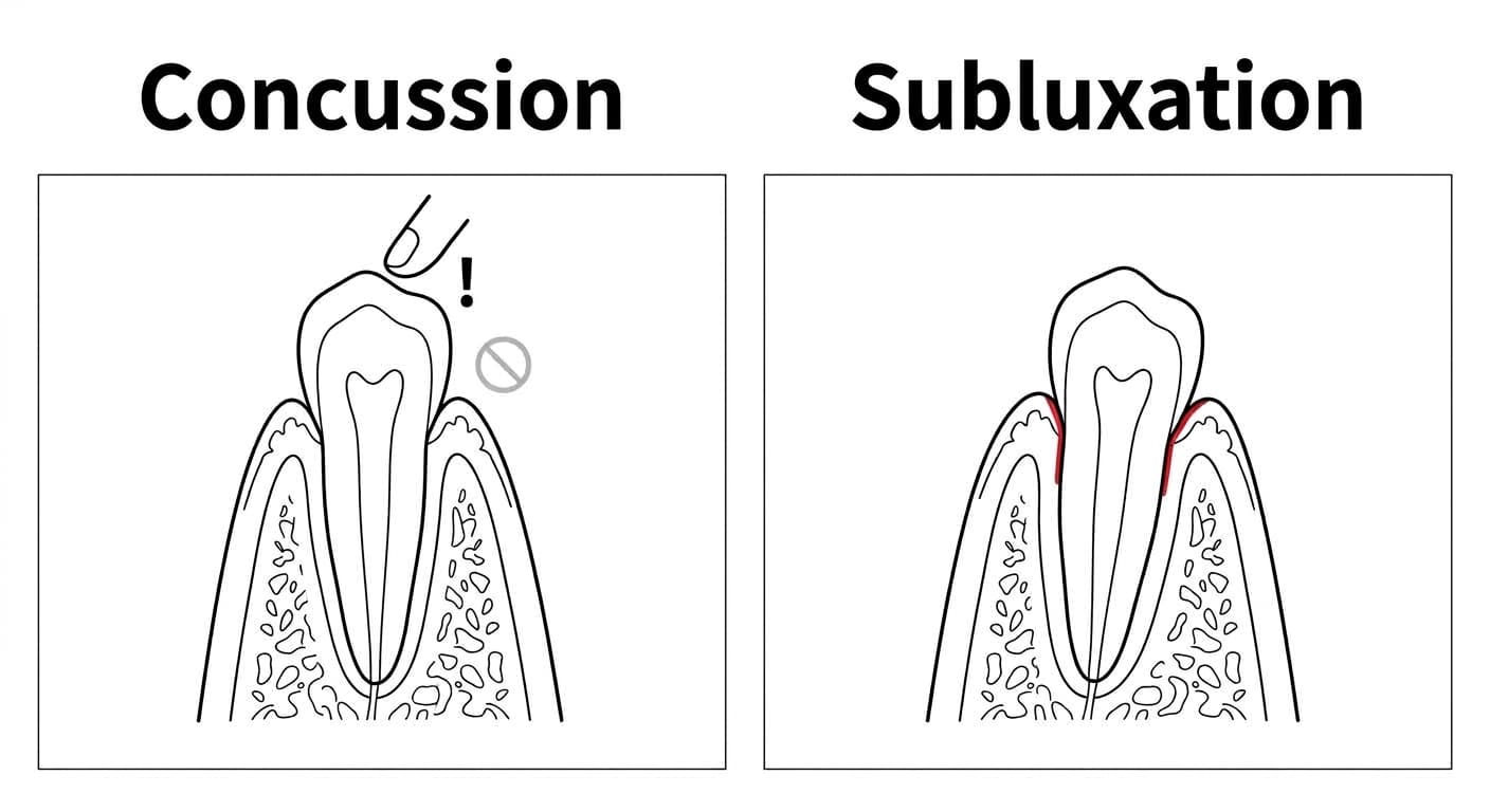 Illustration comparing concussion and subluxation. Concussion is tender to tapping but shows no signs of looseness, while subluxation shows bleeding at the gum margin