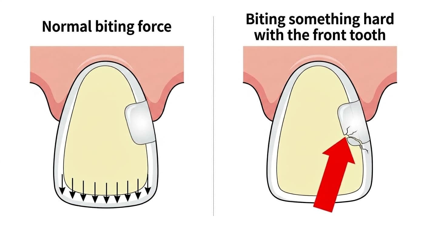 Illustration comparing how normal chewing force is spread evenly across the front tooth's biting edge, while biting something hard with the front tooth concentrates force on one point of the resin-restored margin, creating a microscopic gap
