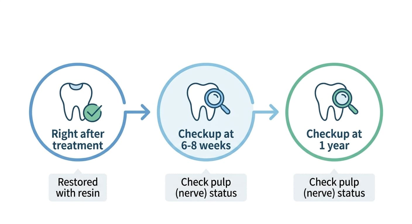Timeline illustration showing the checkup schedule proceeding from right after treatment, to 6-8 weeks later, to 1 year later, with pulp (nerve) status checked at each point