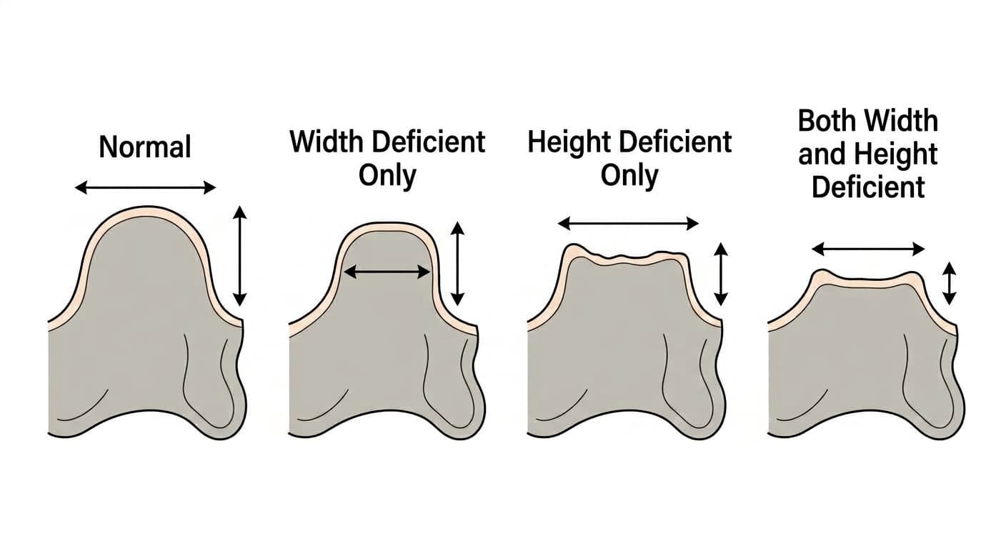 A side-by-side comparison of normal alveolar bone, bone with width deficiency only, bone with height deficiency only, and bone with both width and height deficiency