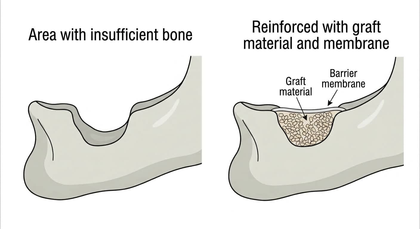 An illustration showing a bone-deficient area being filled with graft material and covered with a barrier membrane for reinforcement
