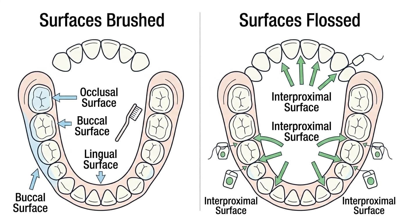 An illustration comparing the surfaces reached by brushing and by flossing. The toothbrush reaches the chewing surface and the cheek-side and tongue-side surfaces, while floss reaches the interproximal surfaces between teeth.