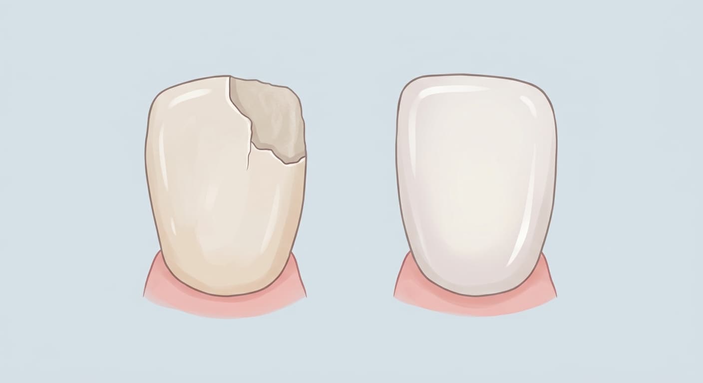 Illustration comparing side by side a tooth with a defect at one corner of the ceramic shell that was locally repaired with a rougher material only in that area, and a tooth replaced entirely with a smooth, new, defect-free ceramic shell