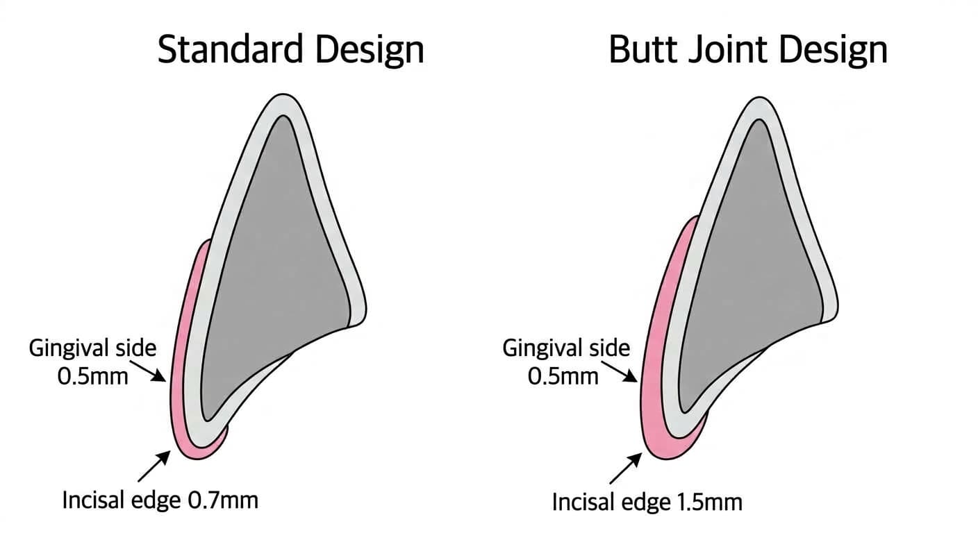 Comparison of reduction thickness by laminate incisal edge design. The standard design removes 0.5mm at the gingival side and 0.7mm at the incisal edge, while the butt joint design removes 0.5mm at the gingival side and 1.5mm at the incisal edge