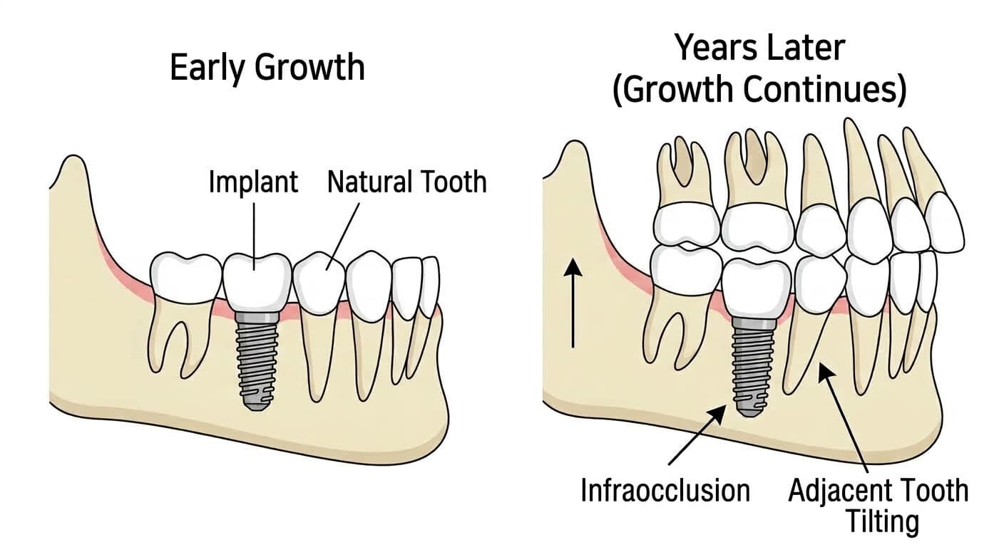 An illustration comparing early growth with a few years later. Natural teeth move upward together with the jawbone, but the implant stays in its original position, resulting in infraocclusion and adjacent tooth tilting.