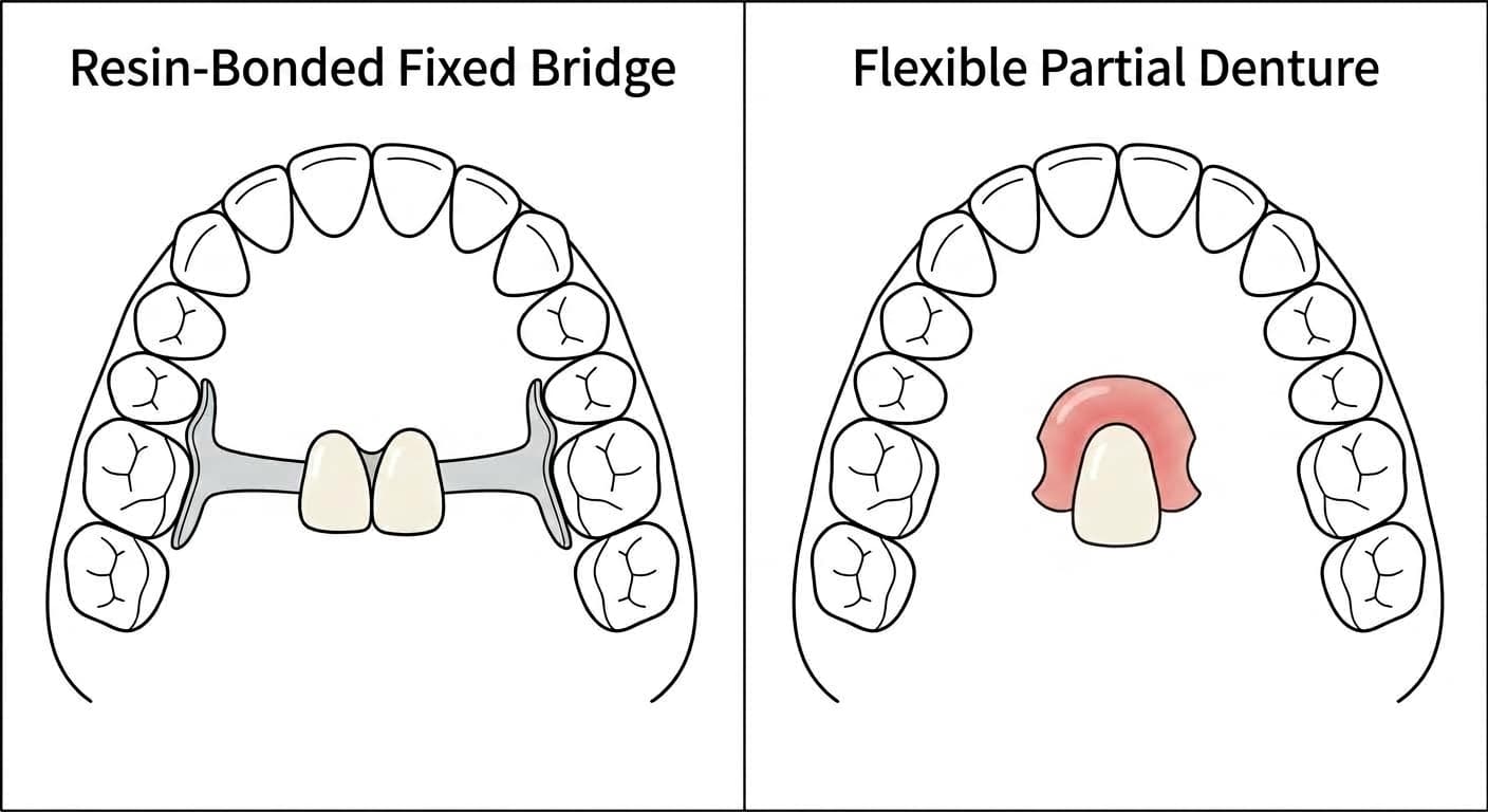 An illustration comparing two ways of managing the space left by a single missing tooth. The left panel shows a resin-bonded fixed bridge cemented to the backs of the neighboring teeth, and the right panel shows a removable flexible partial denture with no metal clasps.