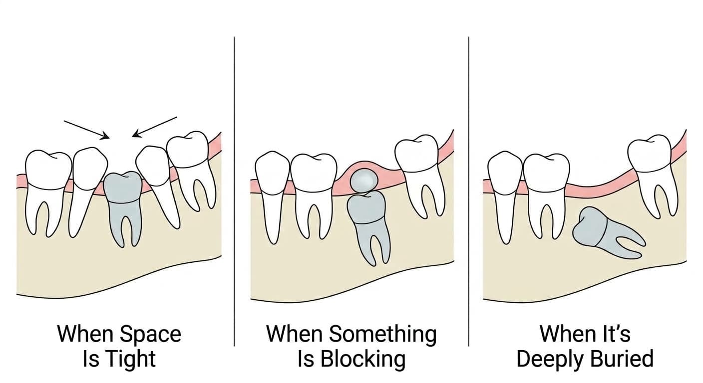 Illustration comparing the three cases checked when a permanent tooth is late to erupt: when space is tight, when something is blocking it, and when it is deeply buried (impacted)