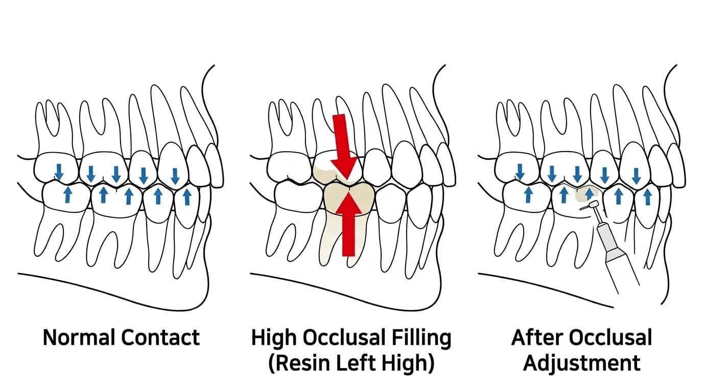 Illustration comparing normal contact, a case where the resin was left high and concentrates force, and the state after occlusal adjustment where force is distributed evenly