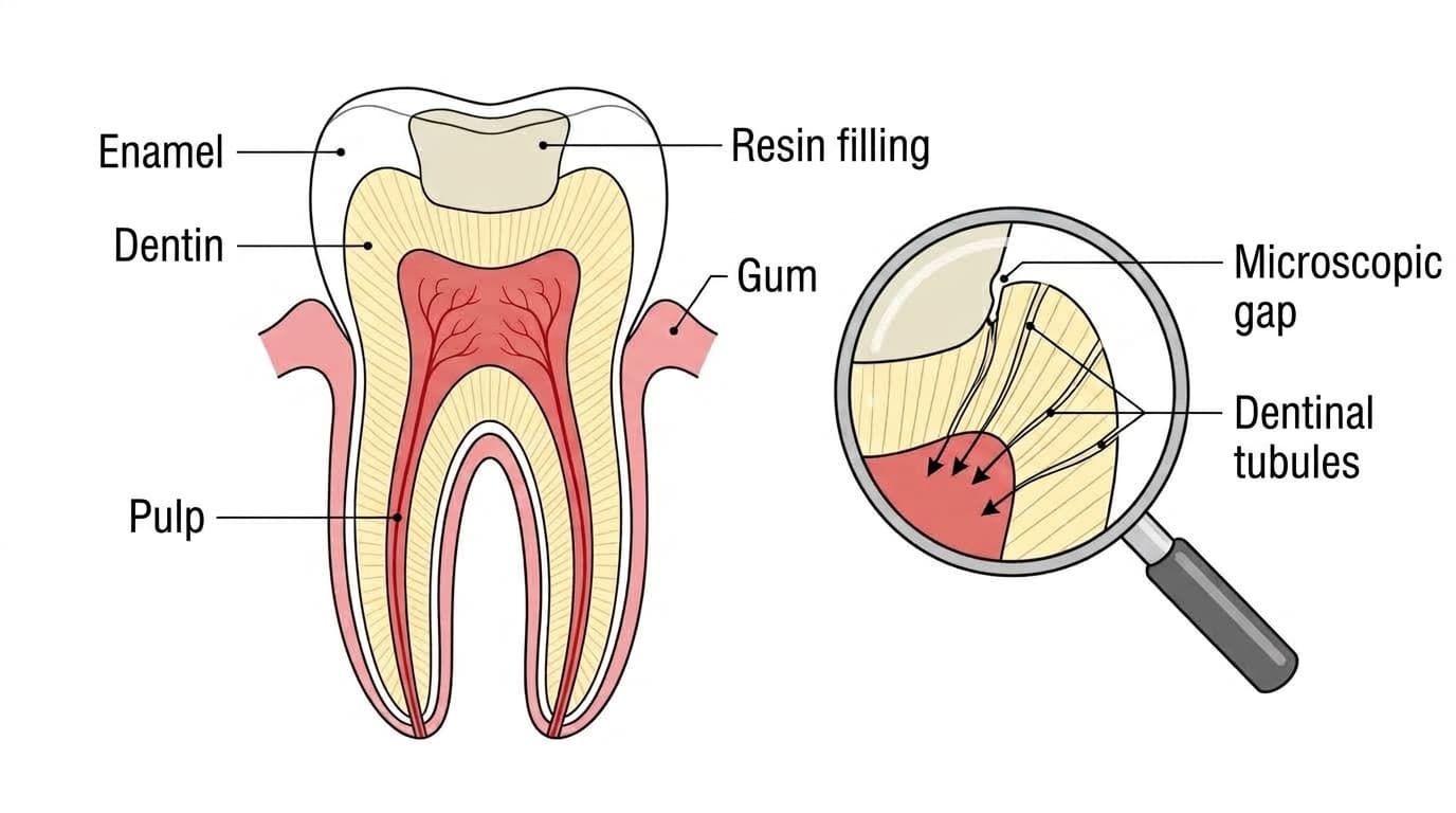 Illustration showing how stimulation travels through a microscopic gap between the resin filling and the tooth, along the microscopic tubules inside the dentin, to reach the pulp