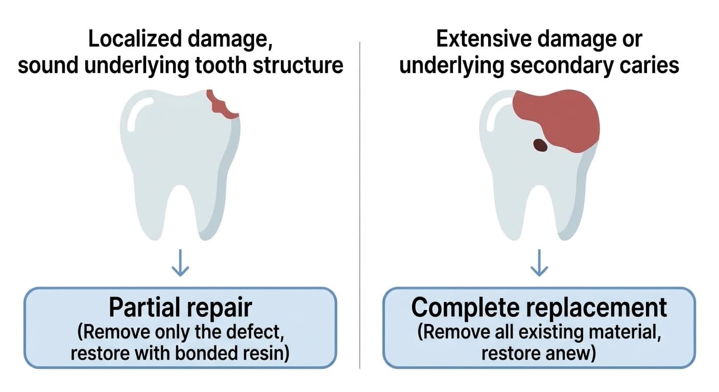A diagram comparing two paths: when damage is localized and the underlying tooth structure is sound, only the defect is removed and repaired with bonded resin (partial repair); when damage is extensive or secondary caries is present underneath, the existing material is completely removed and the tooth is restored again (complete replacement).