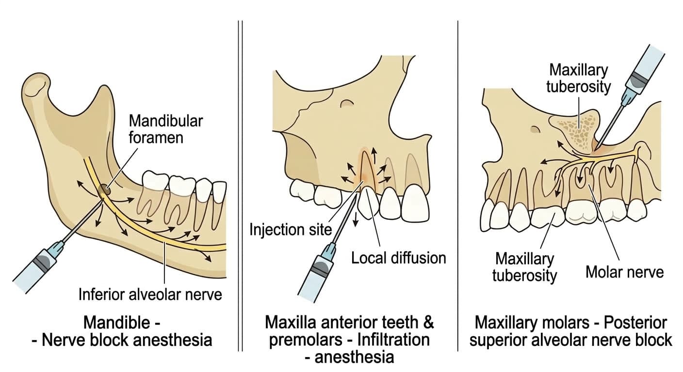 A comparison of how the mandible uses nerve block anesthesia that blocks a nerve trunk, the maxillary anterior teeth and premolars use infiltration anesthesia that numbs only the area around the tooth, and the maxillary molars use a posterior superior alveolar (maxillary tuberosity) nerve block