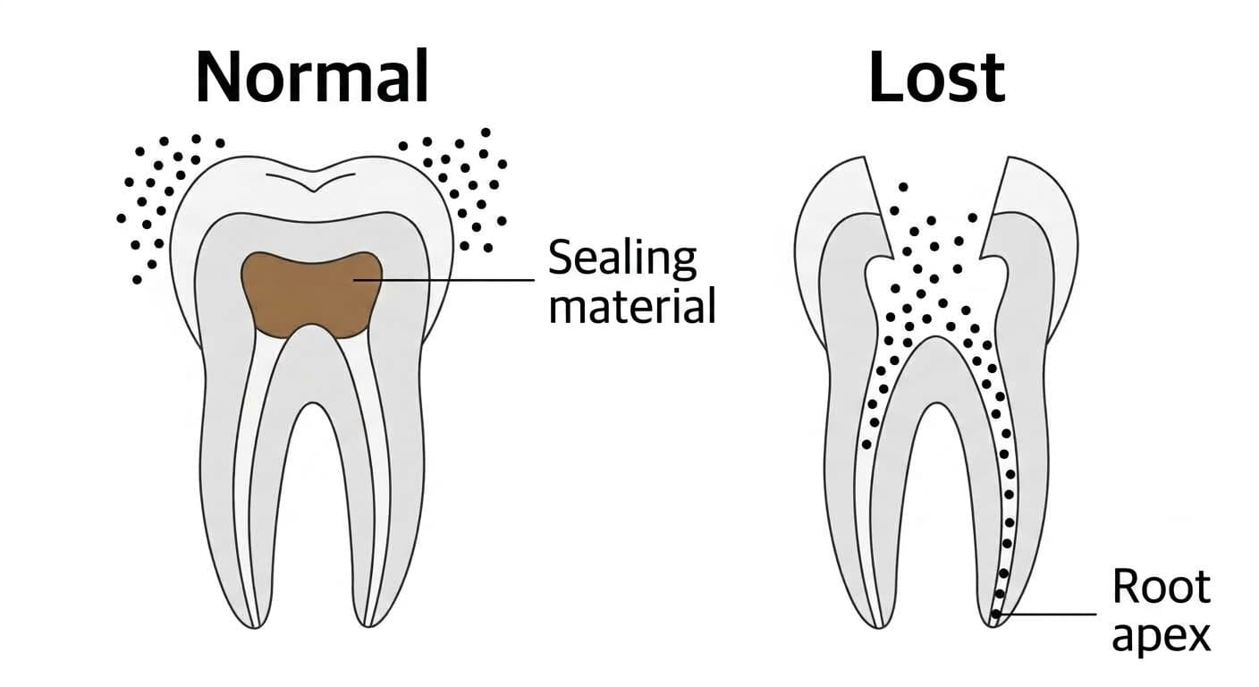 Conceptual diagram comparing a cross-section of a tooth undergoing root canal treatment: a normal state where the sealing material blocks the canal opening and keeps bacteria out, versus a state where the sealing material has fallen out and bacteria travel down the canal to the root tip (apex)