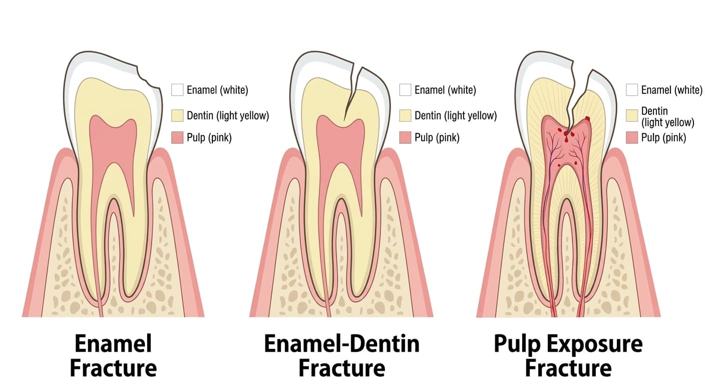 Illustration comparing a tooth cross-section at three stages: enamel fracture, enamel-dentin fracture, and pulp exposure fracture