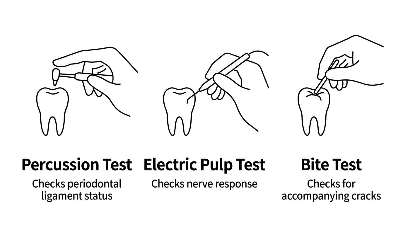 Illustration showing the process of using the percussion test to check periodontal ligament status, the electric pulp test to check nerve response, and the bite test to check for accompanying cracks