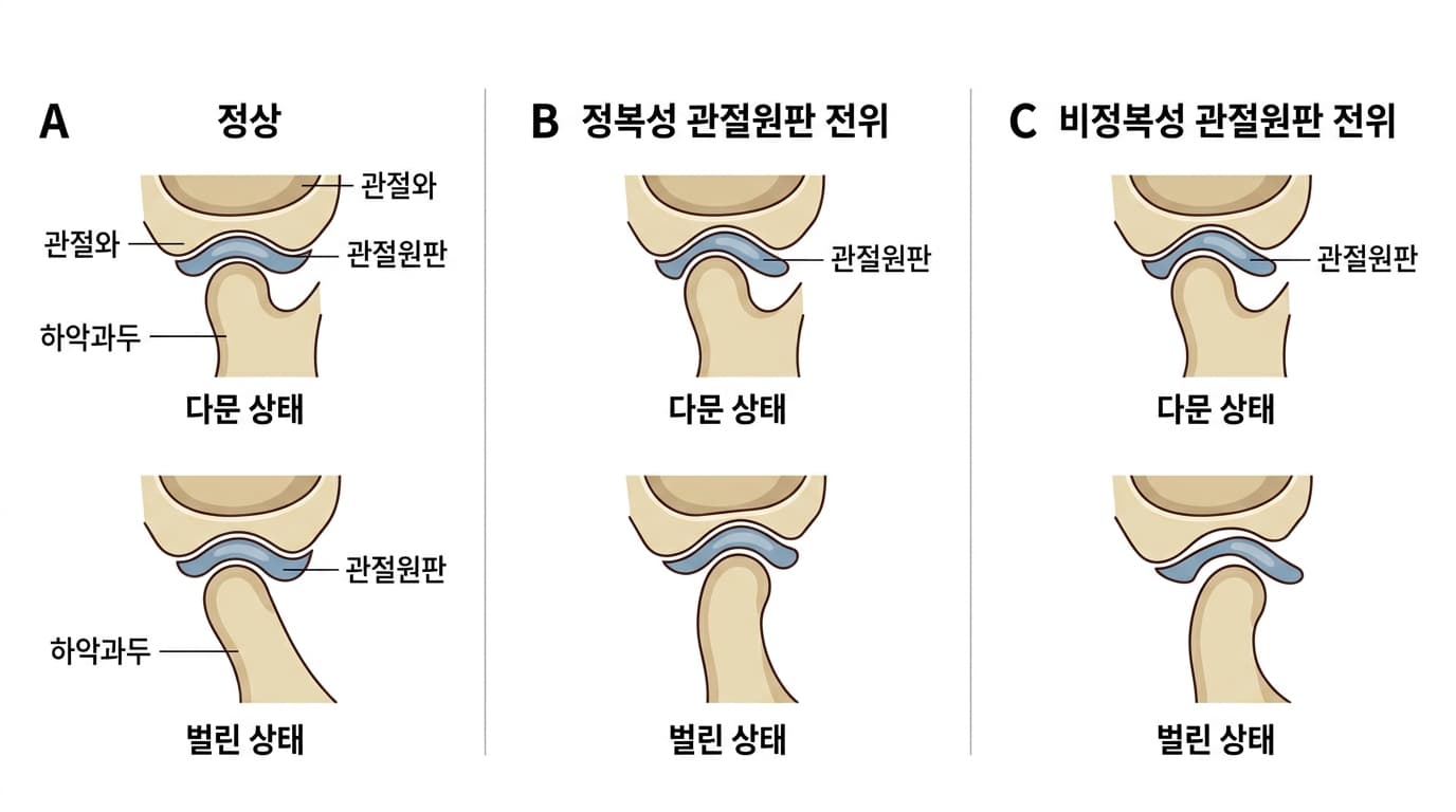 Illustration comparing the positions of the articular disc and mandibular condyle when the mouth is closed and open, in the normal state, reducing disc displacement, and non-reducing disc displacement
