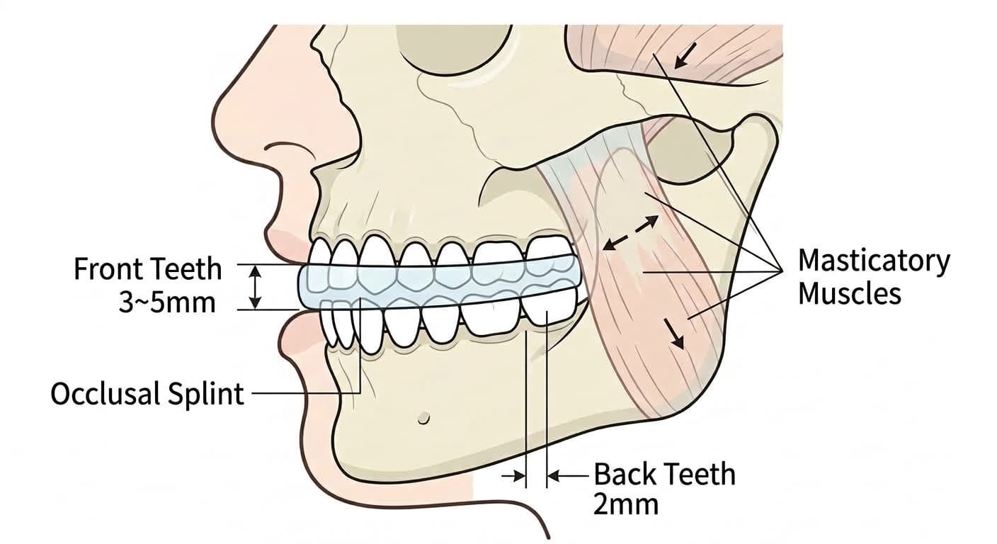 Diagram showing the amount of separation at the front and back teeth while wearing an occlusal stabilization appliance, along with the masticatory muscles