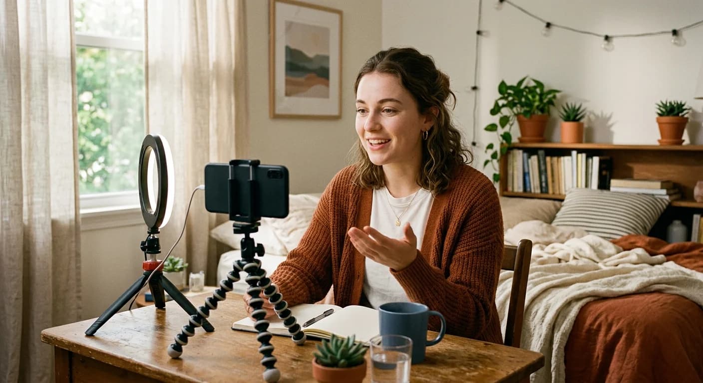 A woman filming and talking in a room, with a smartphone mounted on a tripod and a ring light switched on