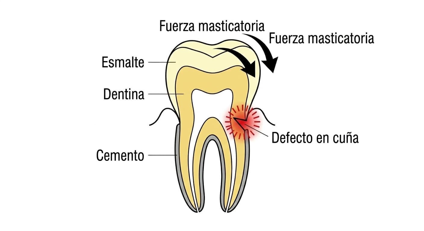 Ilustración esquemática de un corte dental que muestra cómo el diente se flexiona por la fuerza masticatoria y se forma un defecto en cuña en la zona cervical