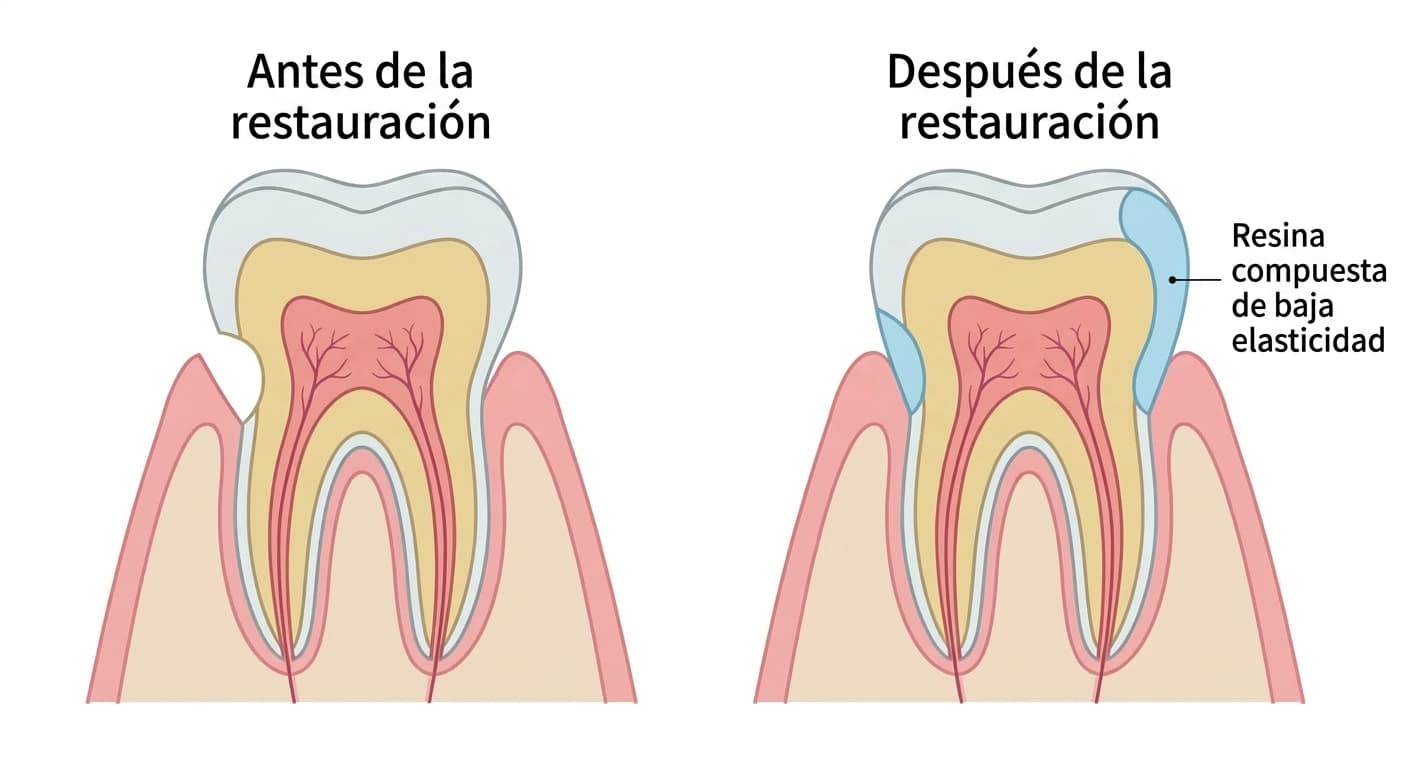 Ilustración esquemática de un corte dental que compara el defecto en cuña de la zona cervical antes y después de restaurarlo con resina compuesta de baja elasticidad