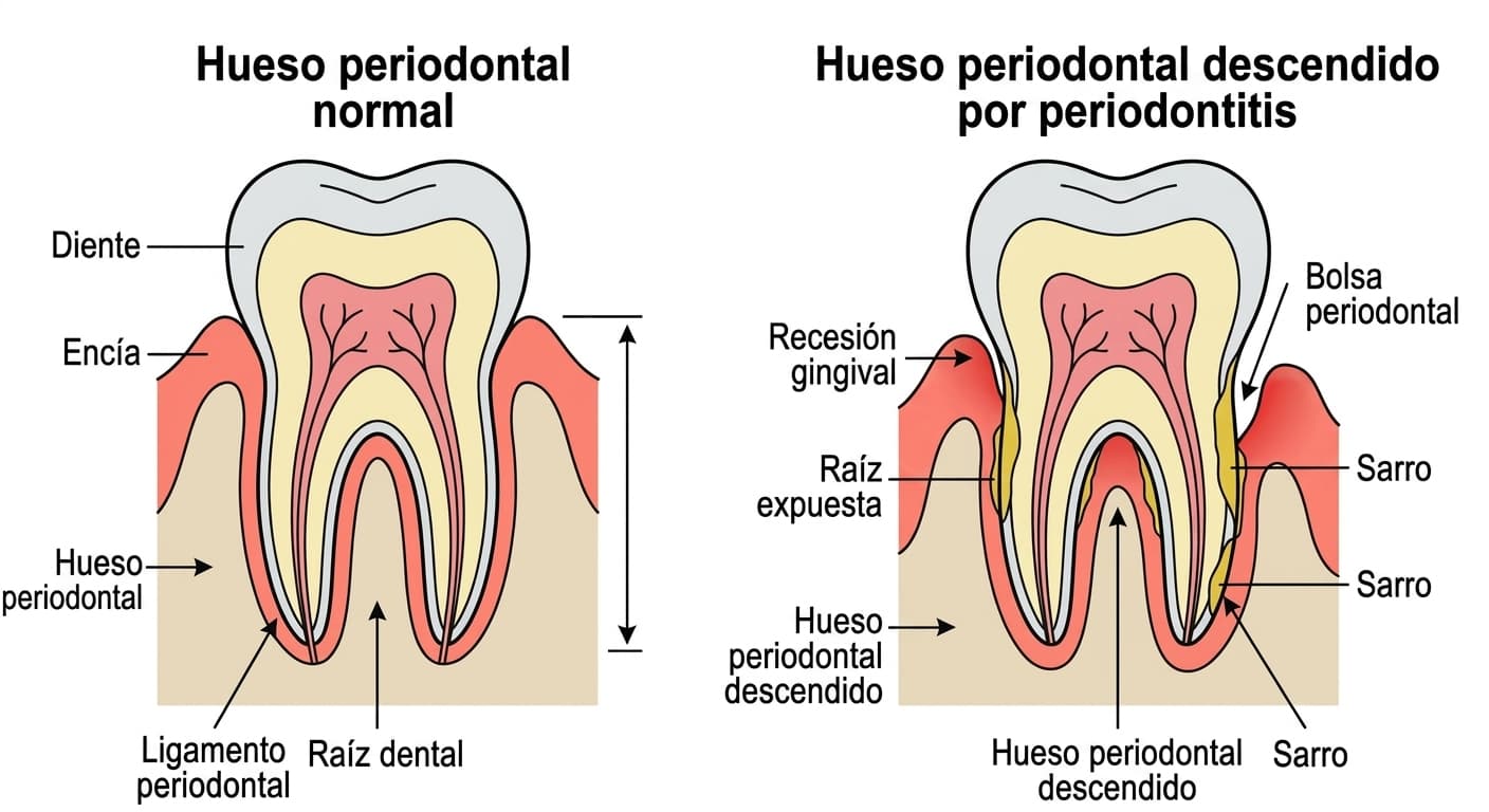Corte transversal dental que compara lado a lado el hueso periodontal normal y el hueso descendido por la periodontitis