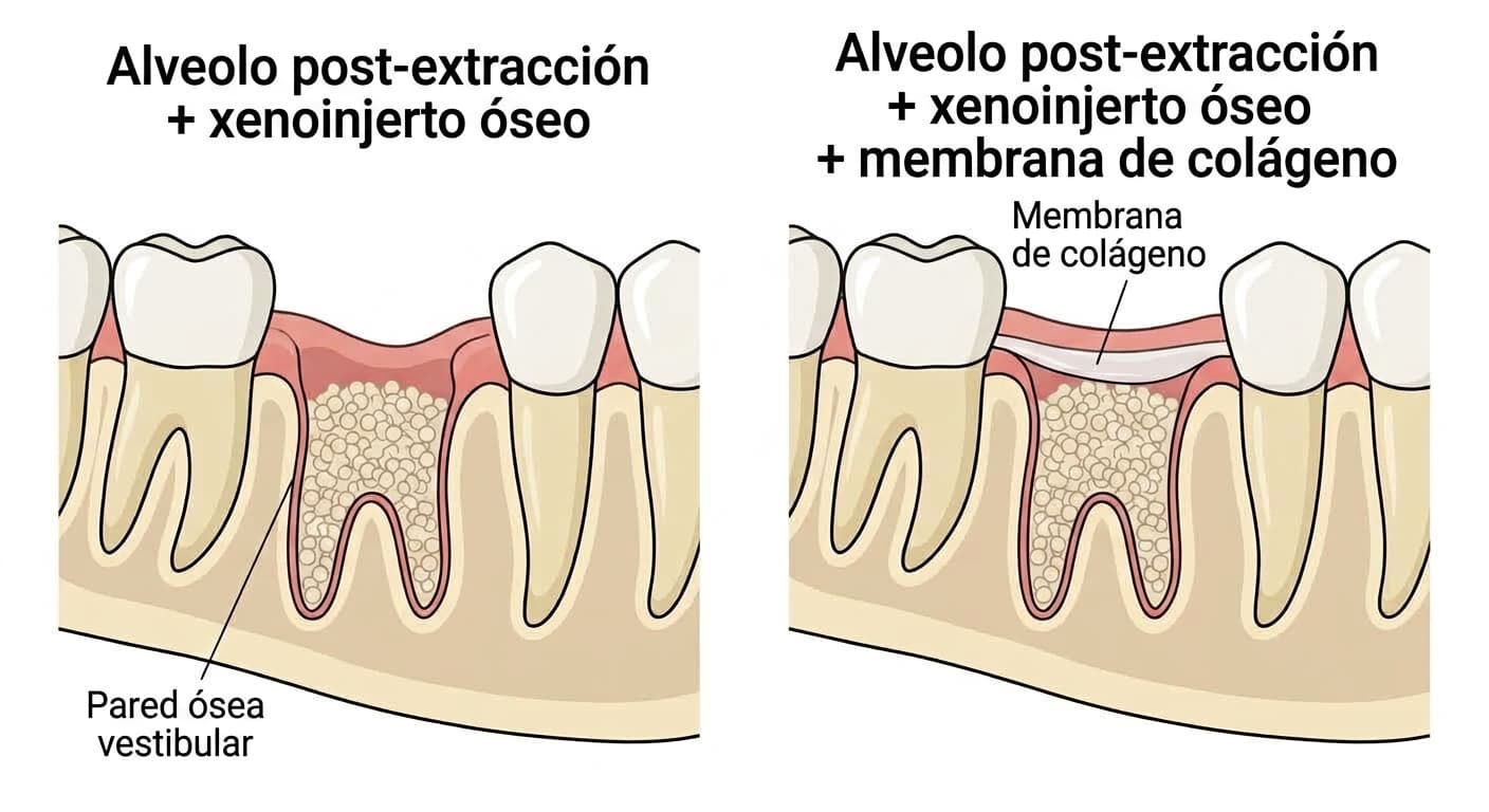 Corte transversal del alvéolo dental que muestra, lado a lado, el caso con solo partículas de xenoinjerto óseo y el caso con una membrana de colágeno sobre el xenoinjerto