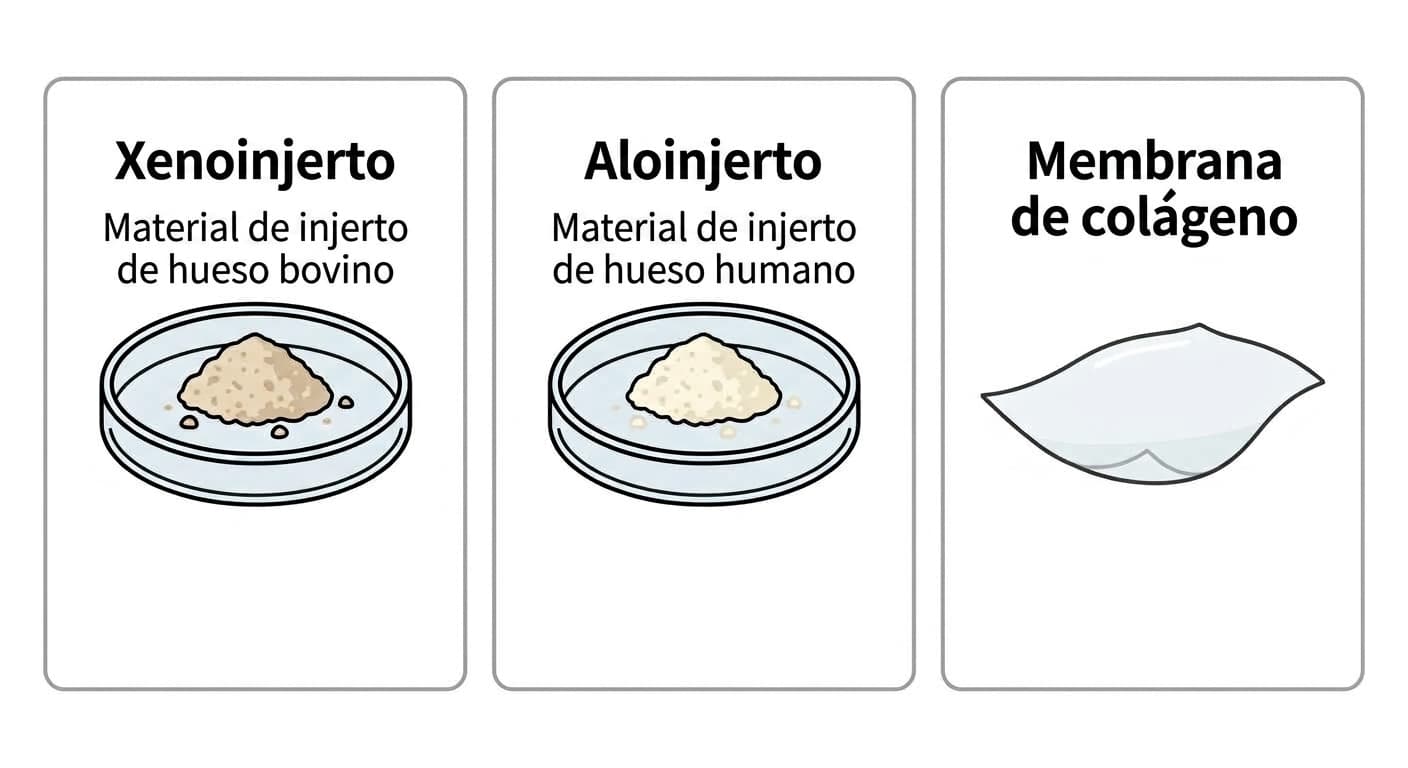 Ilustración que muestra, lado a lado, partículas de xenoinjerto de hueso bovino, partículas de aloinjerto de hueso humano y una membrana de colágeno, junto con el papel de cada material