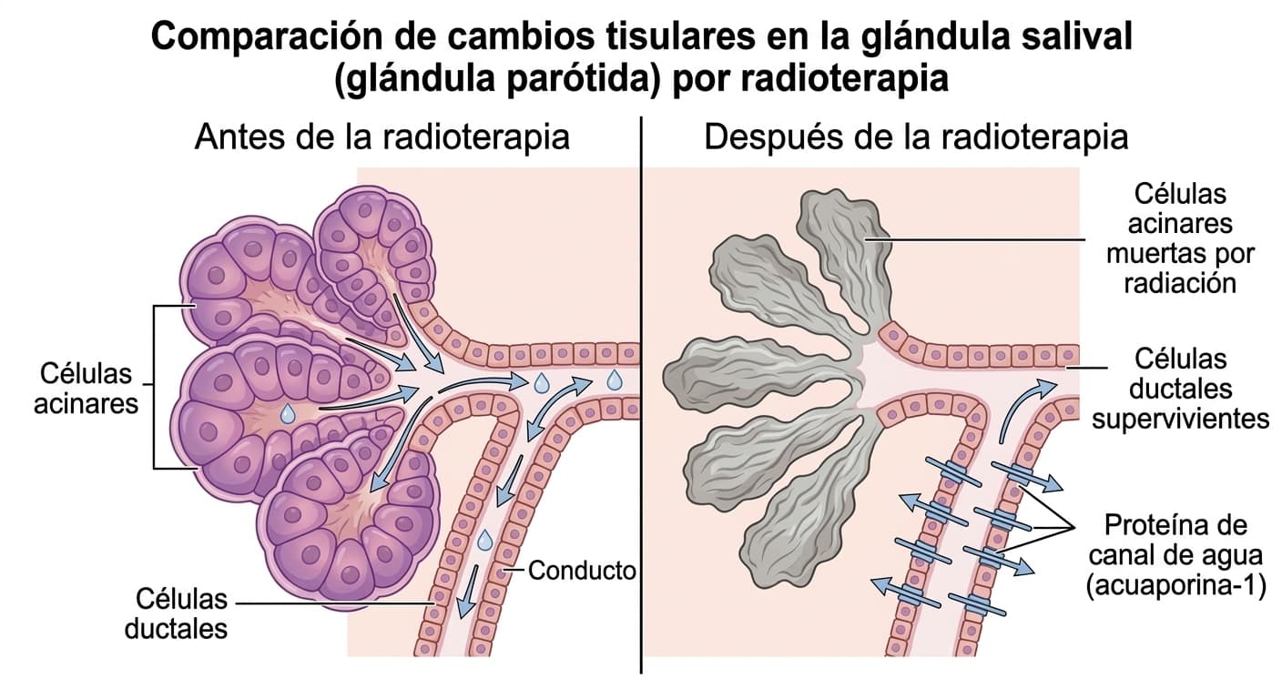 Imagen que compara el cambio en el que la radioterapia mata las células acinares y deja solo las células ductales, con el principio de generar saliva insertando una proteína canal de agua en las células ductales