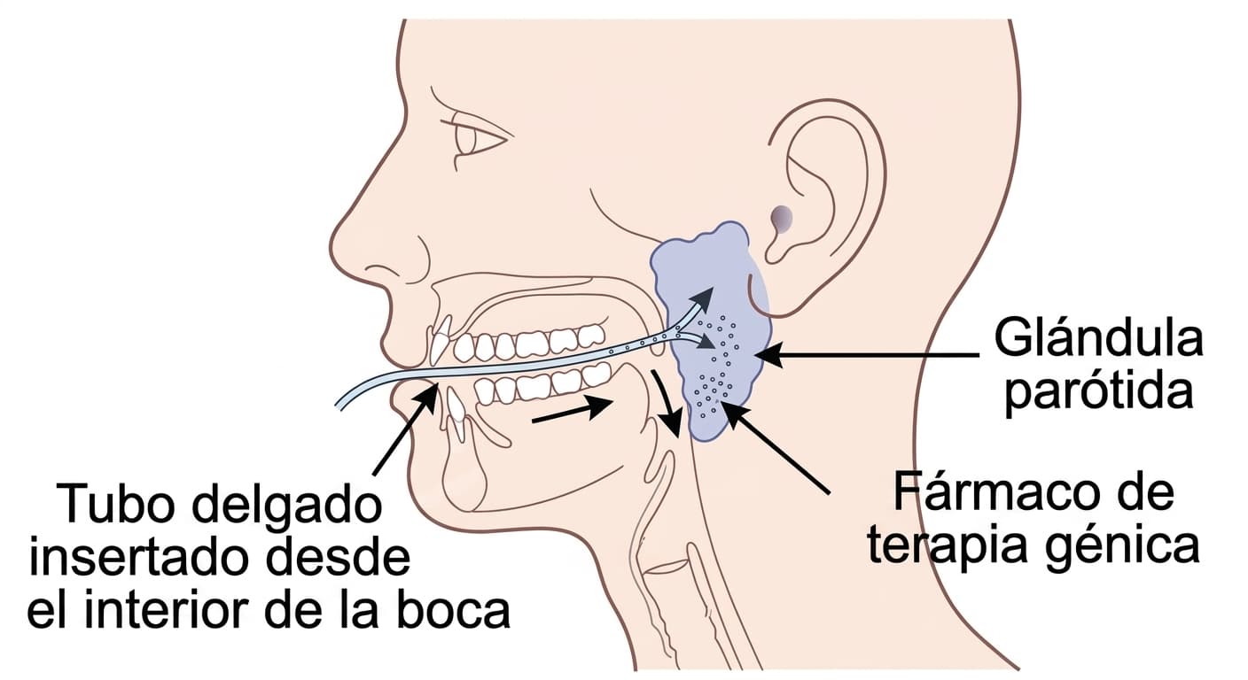 Imagen que muestra la forma de administración: se inserta un tubo hacia la abertura de la glándula parótida, junto a los molares en el interior de la mejilla, para introducir el fármaco de terapia génica directamente en la glándula parótida