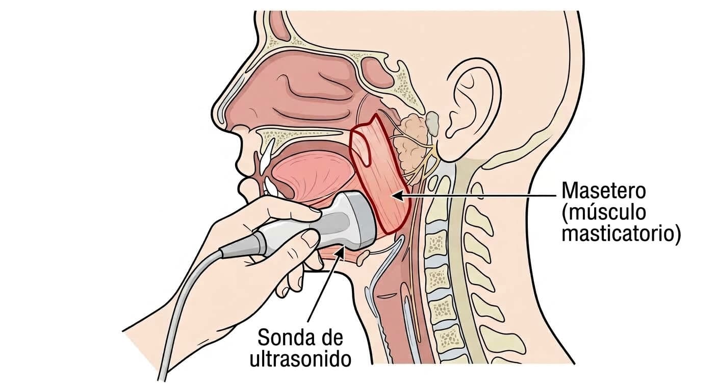 Ilustración anatómica que muestra la ubicación del músculo masetero y la zona donde se mide su grosor con la sonda de ultrasonido