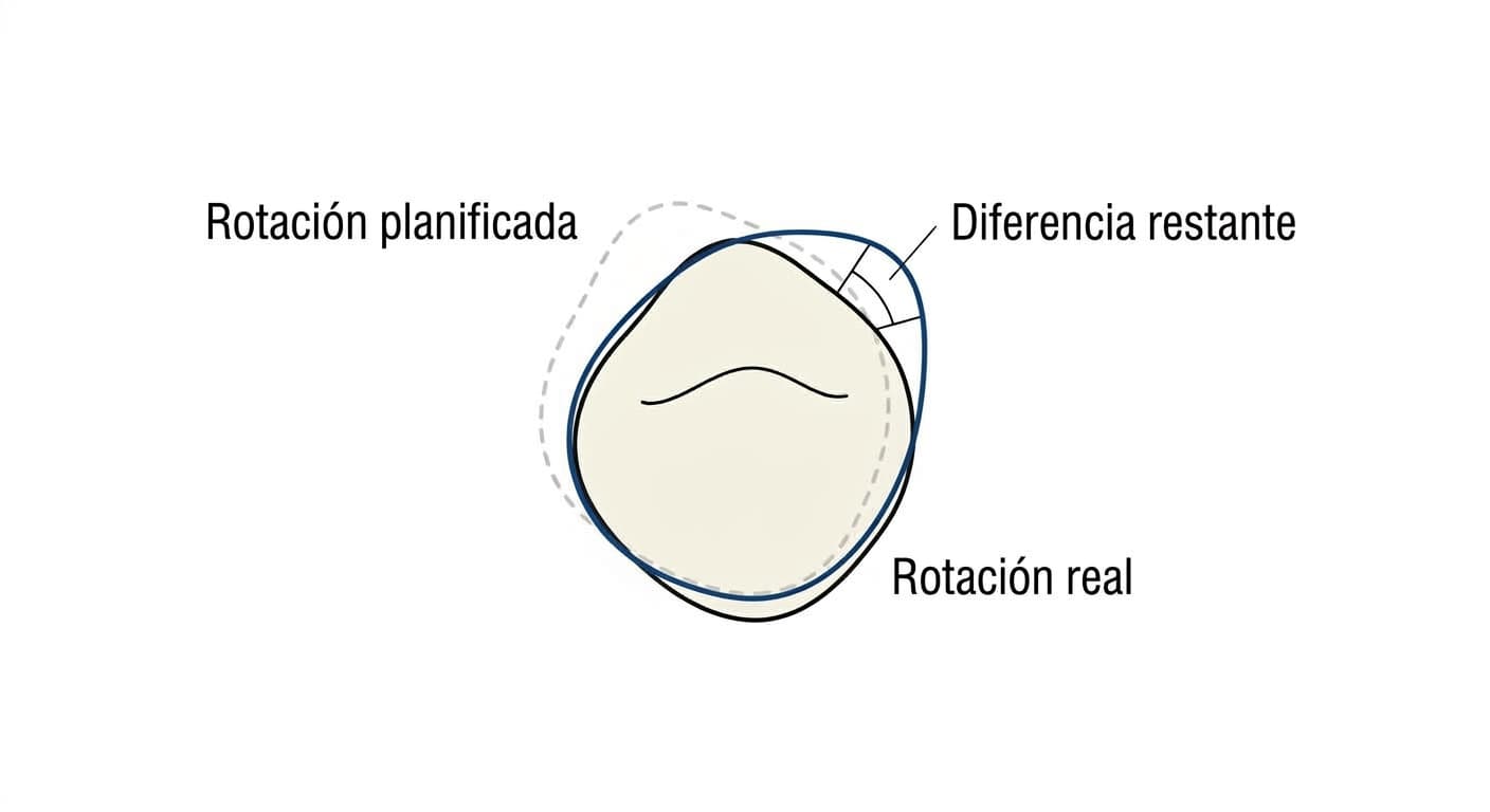 Diagrama conceptual que muestra, sobre la superficie del diente, el rango de rotación planeado, el rango realmente logrado y la diferencia restante entre ambos